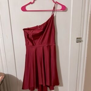 Red one shoulder dress with pockets. Size 7.